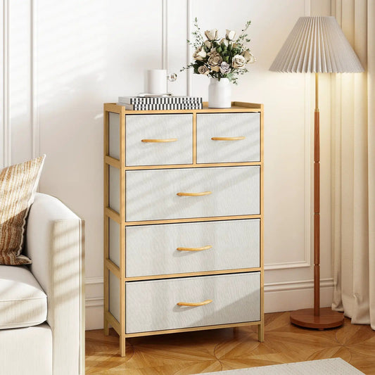 Five Drawer Dresser with Top Shelf natural finish wooden frame with fabric-covered drawers on Tampa Home & Garden Store