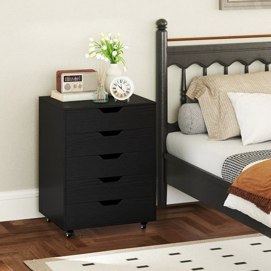 5 Drawer Mobile File Cabinet Black with caster wheels beside bed in bedroom on Tampa Home & Garden Store