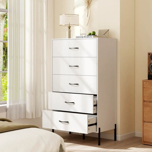 5-drawer tall chest in white with metal legs and silver handles, modern dresser on Tampa Home & Garden Store