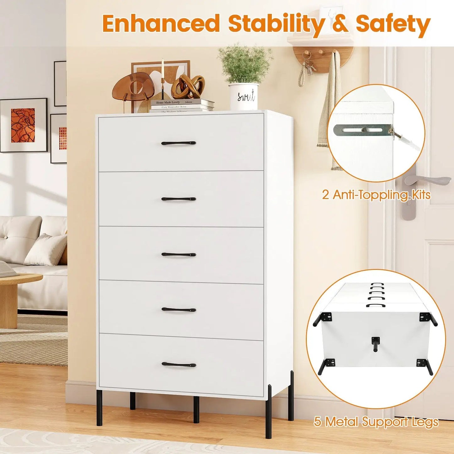 5-Drawer Tall Chest with Metal Legs White on Tampa Home & Garden Store