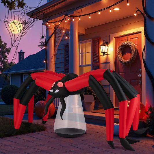 Halloween Inflatable Spider Blow Up Yard Decor red and black arachnid with glowing eyes on porch on Tampa Home & Garden Store