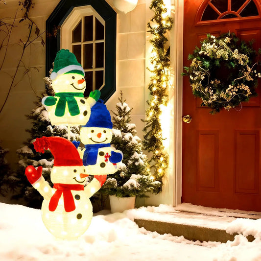 5 ft stacked snowman lighted decoration with 3 snowmen green blue red hats DirectDeals on Tampa Home & Garden Store