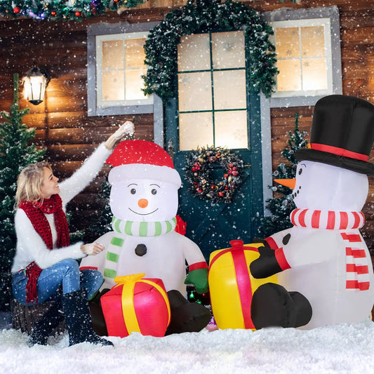 Two 5 Foot Blow Up Snowman Inflatables with Gift Boxes, red hat, green scarf, yard decor on Tampa Home & Garden Store