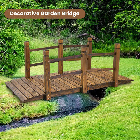 5 Feet Wooden Garden Bridge with Safety Rails-Brown - Tampa Home & Garden Store