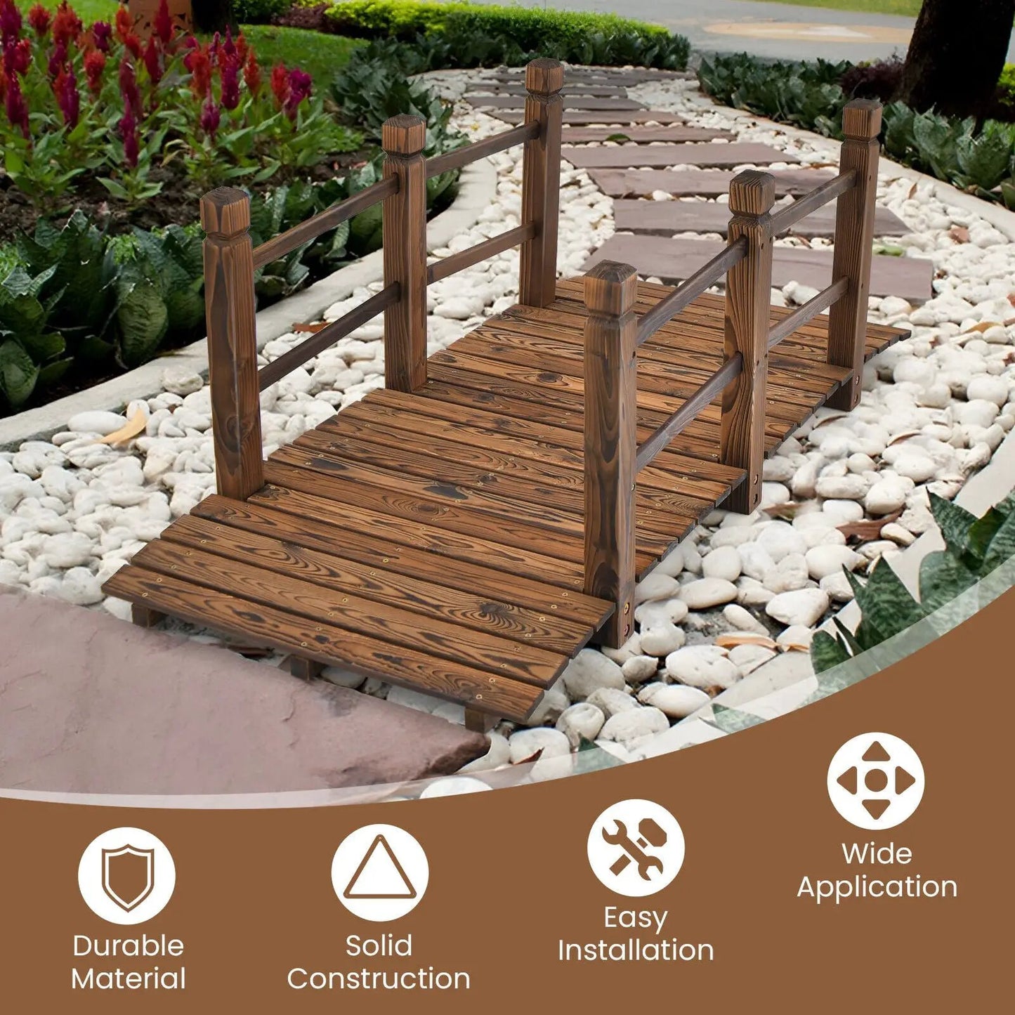 5 Feet Wooden Garden Bridge with Safety Rails-Brown - Tampa Home & Garden Store