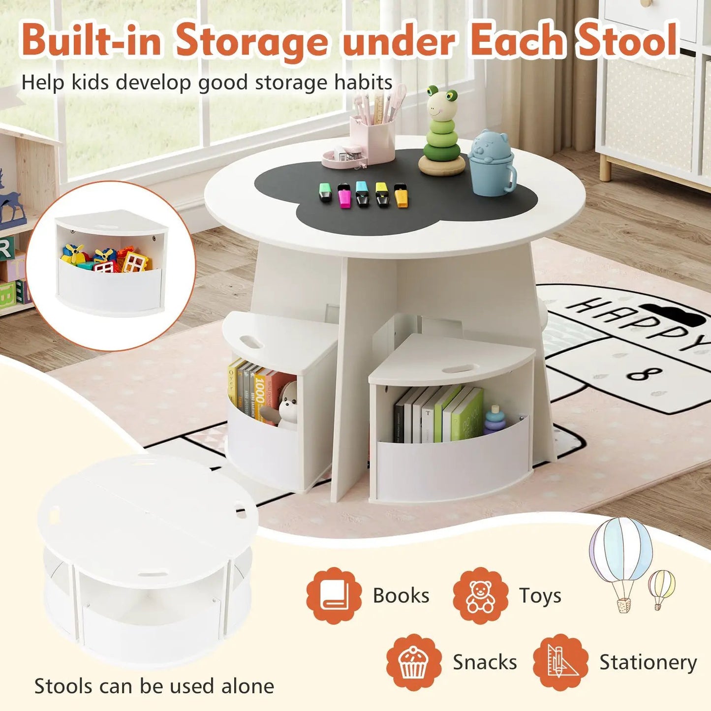 5 Piece Kids Table and Chair Set with Storage, white round table with built-in storage shelves and kid-sized chairs DirectDeals on Tampa Home & Garden Store