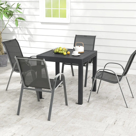 Extendable aluminum outdoor dining table set with 4 charcoal-gray mesh chairs DirectDeals on Tampa Home & Garden Store