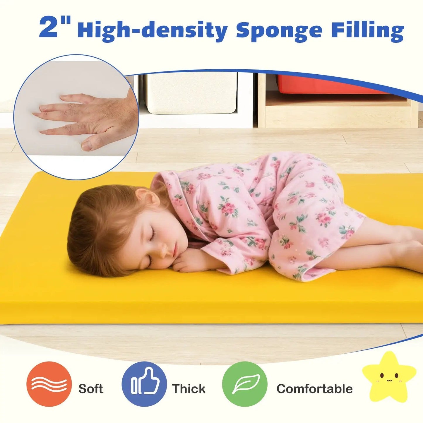 Nap Mats 5-Pack Rainbow 2in thick toddler rest mats with sleeping child on yellow mat on Tampa Home & Garden Store