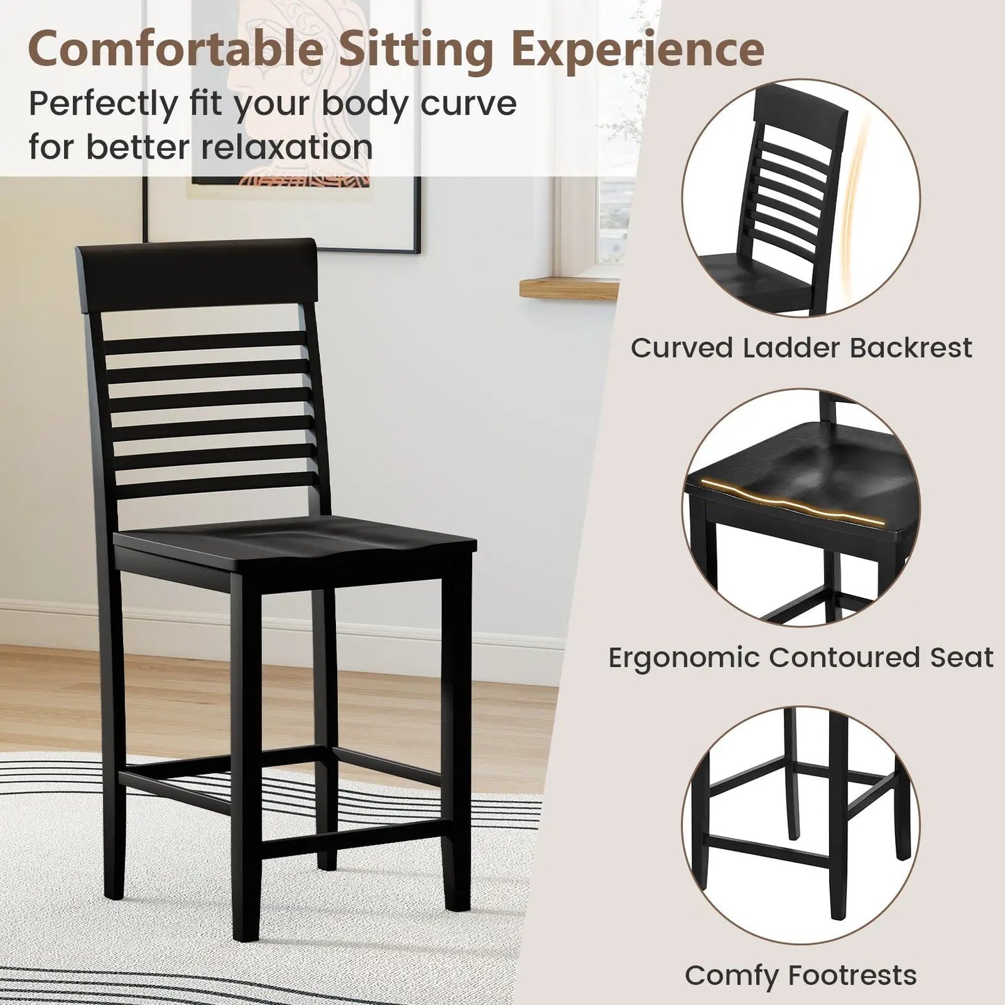 Five Piece Counter Height Dining Set black with ladder-back chair and contoured seat on Tampa Home & Garden Store