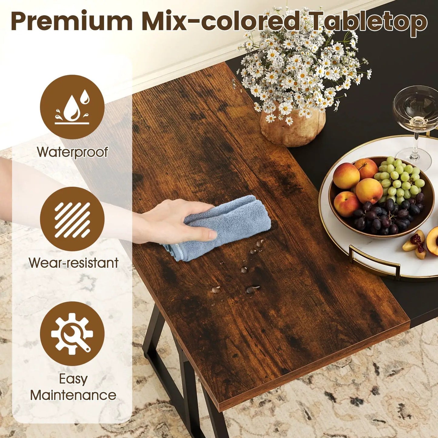 5-Piece Industrial Rectangular Dining Table with dark wood top and black metal legs on Tampa Home & Garden Store
