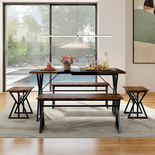 5-piece industrial dining set with table, 2 benches, and 2 stools dark wood top, metal legs on Tampa Home & Garden Store
