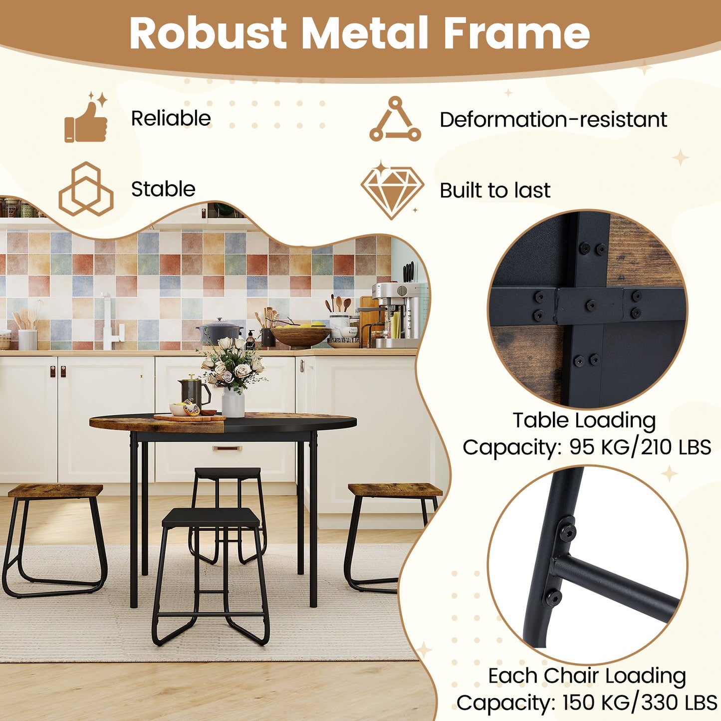Brown 5-piece round dining set with wood tabletop and black metal frame, four stools for dining on Tampa Home & Garden Store