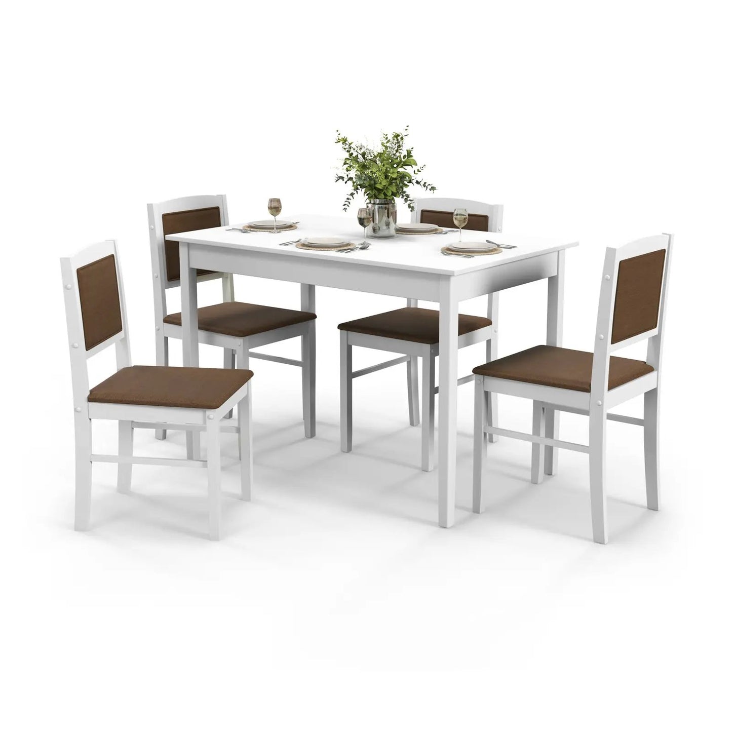 5-Piece Dining Set for 4 with Rubber Wood Legs white table brown cushioned chairs on Tampa Home & Garden Store