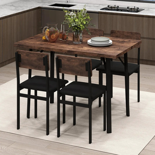 5-Piece Industrial Dining Table Set for 4 with dark wood table and four black metal chairs on Tampa Home & Garden Store