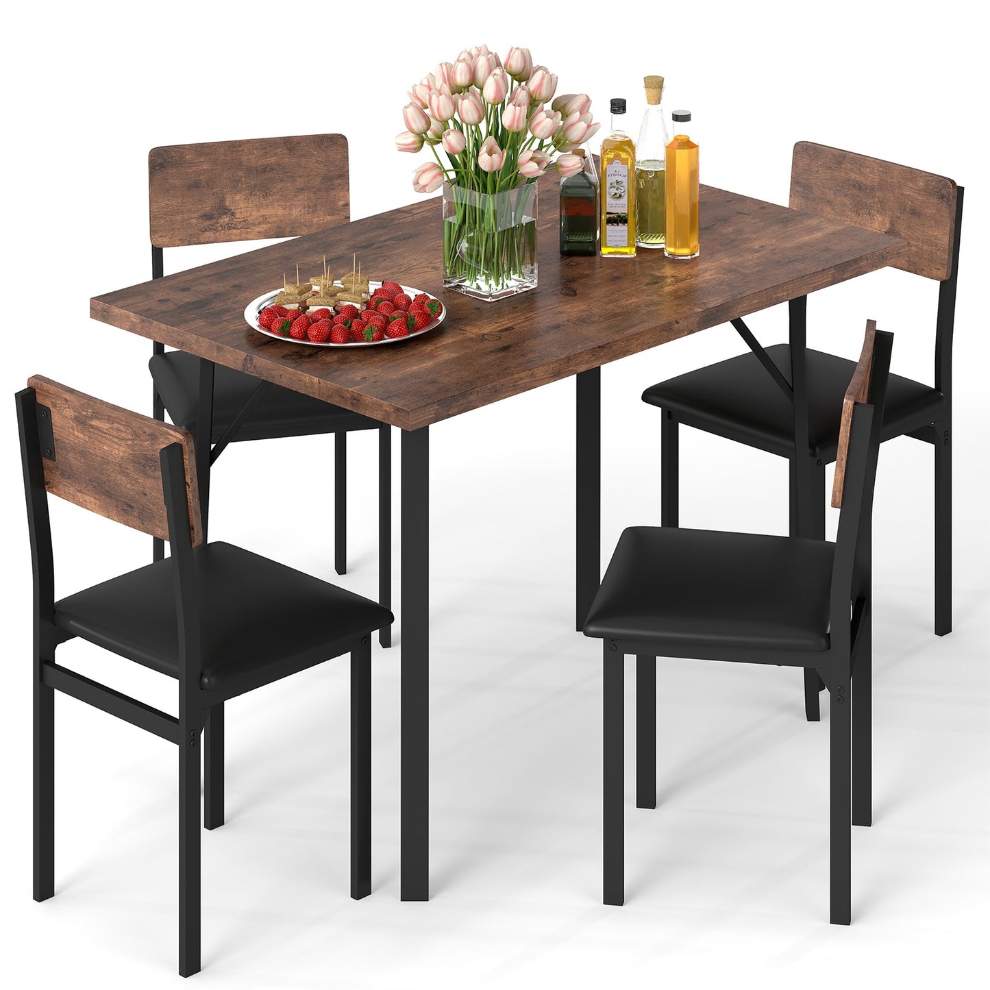 5-Piece Dining Set for 4 with brown wood top and black metal legs; 4 PU leather chairs on Tampa Home & Garden Store