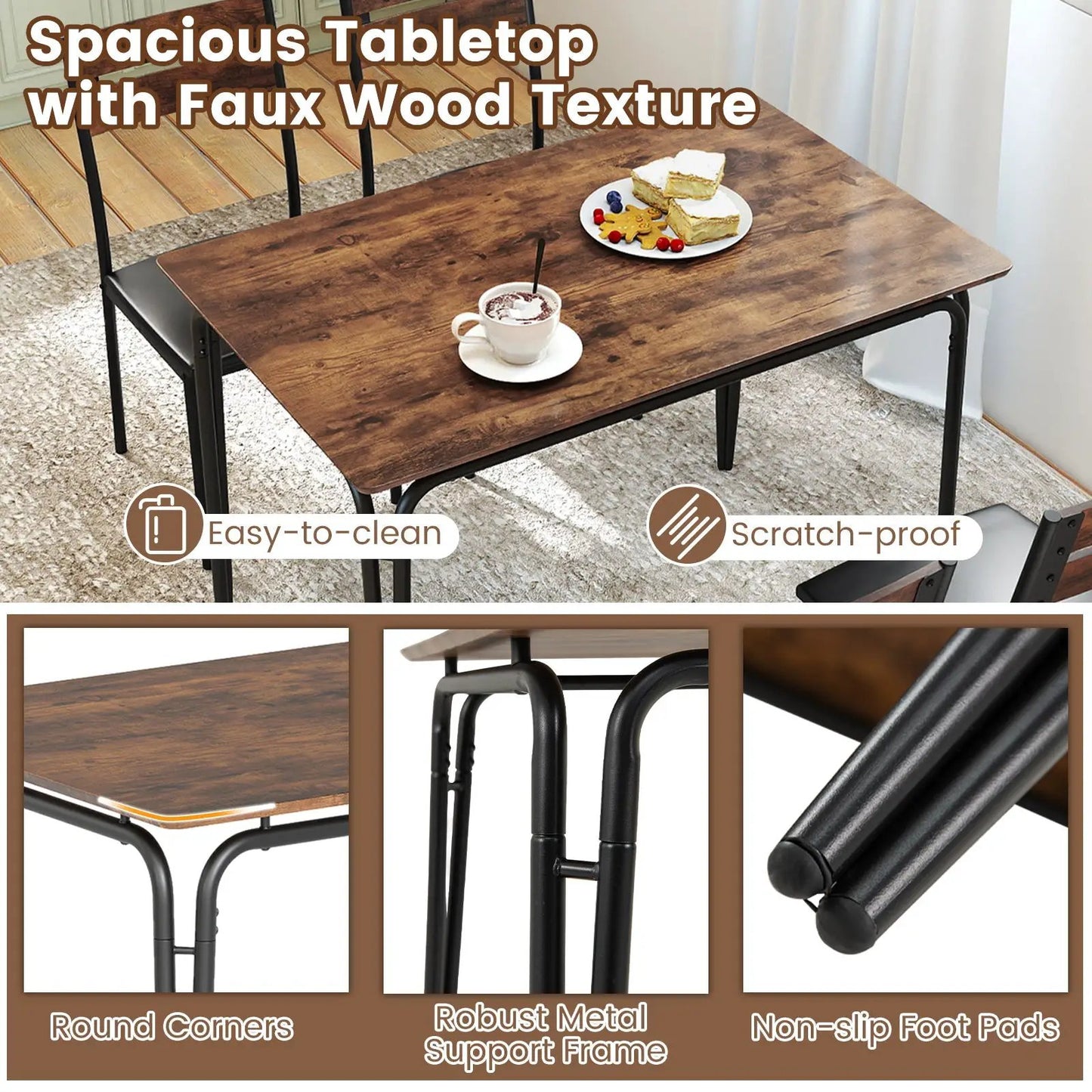 Industrial dining table set with 4 armless chairs, faux-wood tabletop and black metal frame on Tampa Home & Garden Store