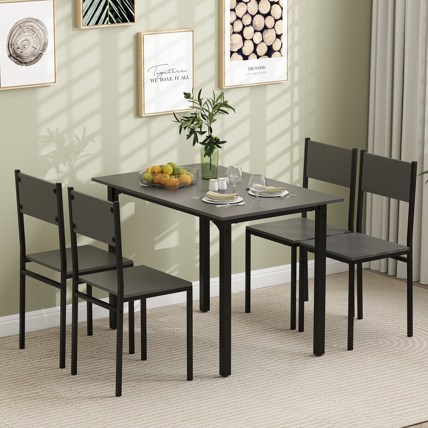 Juego de mesa de comedor de 5 piezas, mesa y sillas de cocina estilo industrial para 4 personas - Marrón rústico