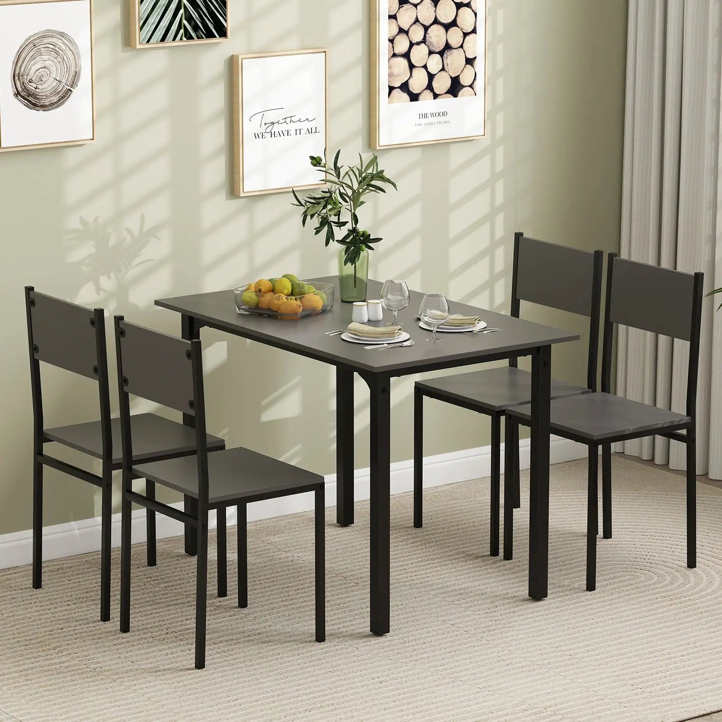Five Piece Industrial Dining Table Set for 4 with black metal frame and gray chairs on Tampa Home & Garden Store