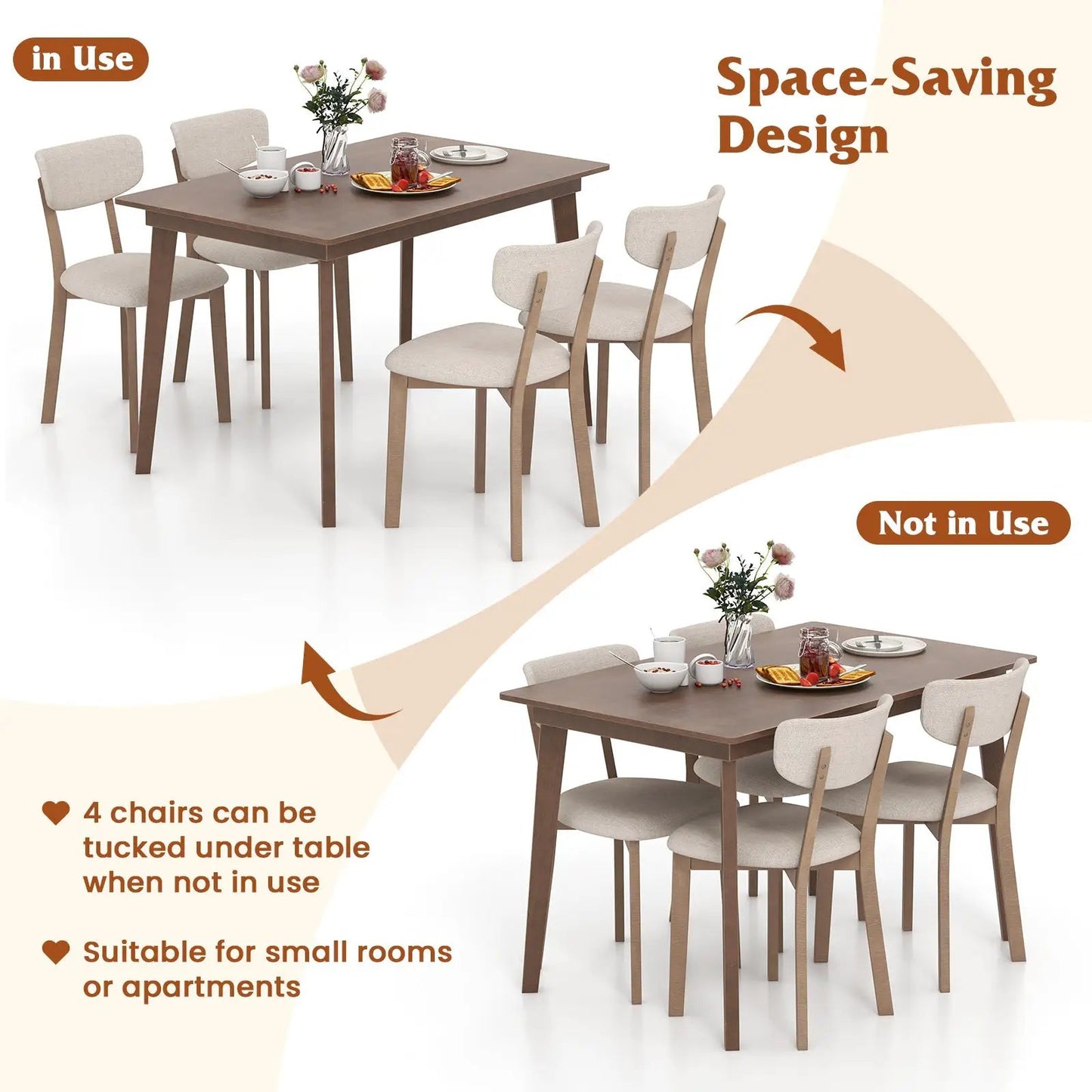 5-Piece Dining Table Set for 4 with Rubber Wood; brown table and beige upholstered chairs on Tampa Home & Garden Store