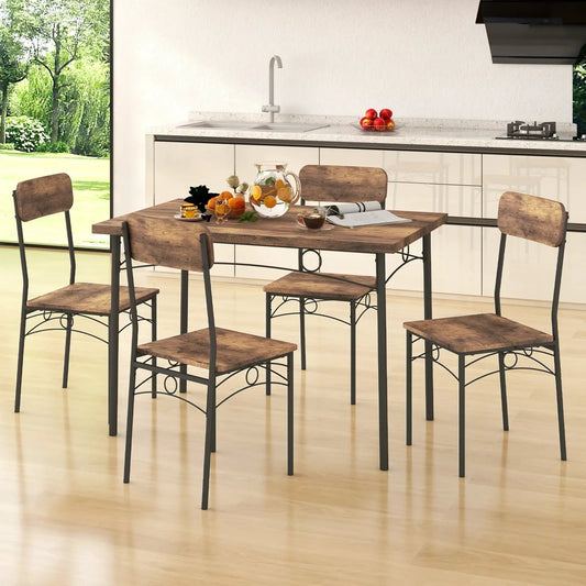 Industrial dining table set for 4 with brown wood top and black metal legs in a compact apartment kitchen on Tampa Home & Garden Store