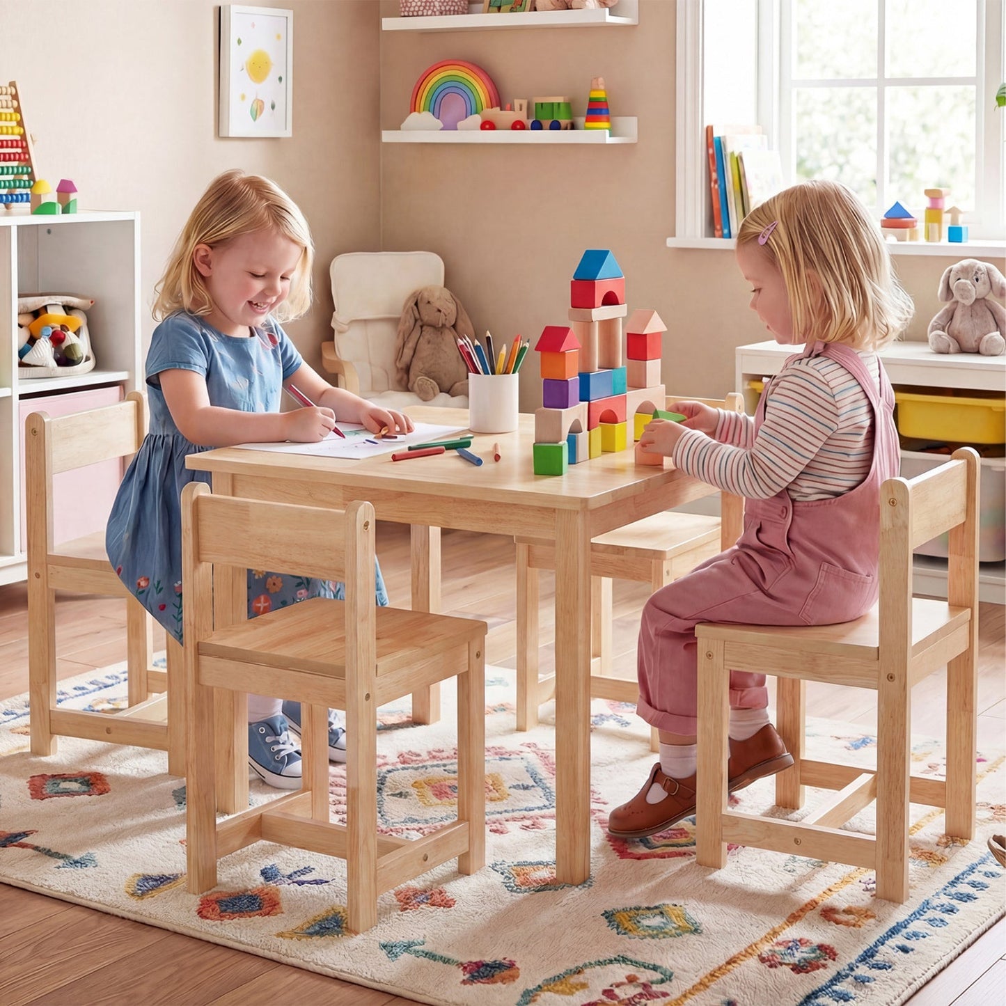 Kids Table and Chairs Set Solid Rubber Wood 5-Piece natural wood for toddlers on Tampa Home & Garden Store
