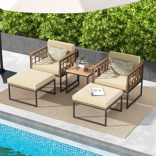 5 Piece Outdoor Furniture Set Acacia Wood Chair Set with Ottomans and Coffee Table-Beige - Tampa Home & Garden Store