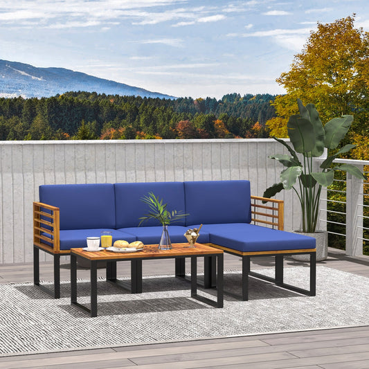 5-Piece Patio Acacia Wood Chair Set with Ottoman and Coffee Table-Navy - Tampa Home & Garden Store