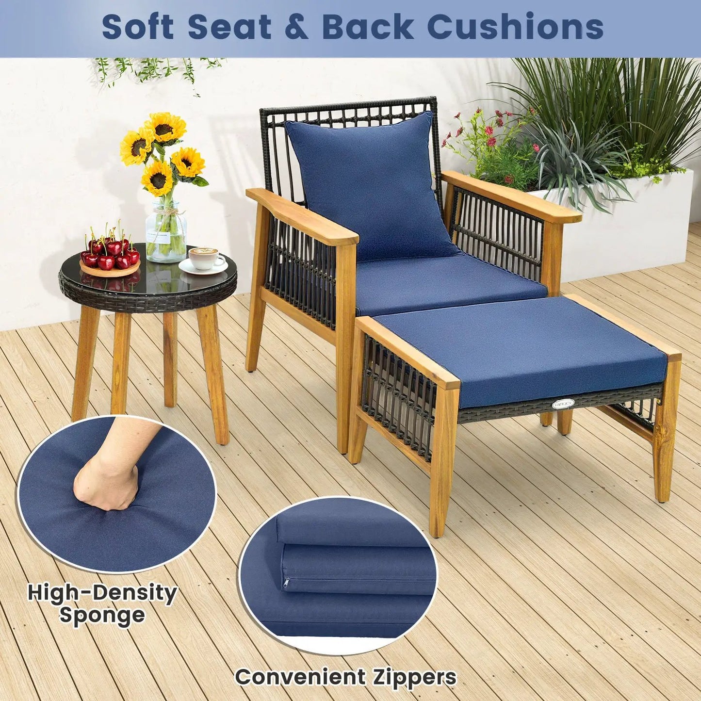 5 Piece Patio Furniture Set Navy Cushions with coffee table and 2 ottomans DirectDeals on Tampa Home & Garden Store
