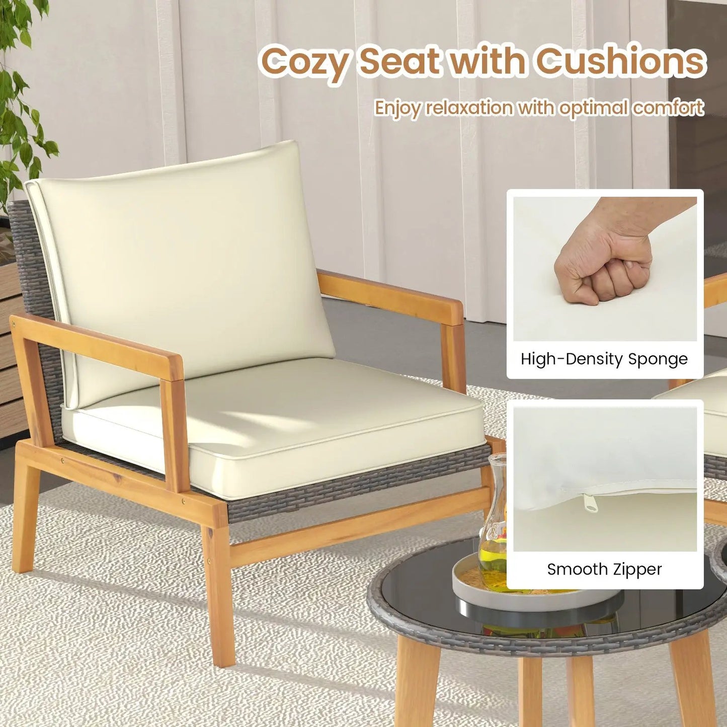 5 piece outdoor rattan set with wicker sofa and off-white cushions, glass tables DirectDeals on Tampa Home & Garden Store
