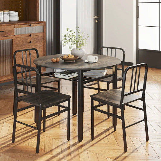 5 Piece Round Dining Table Set With Storage Shelf with dark wood table and black metal chairs on Tampa Home & Garden Store