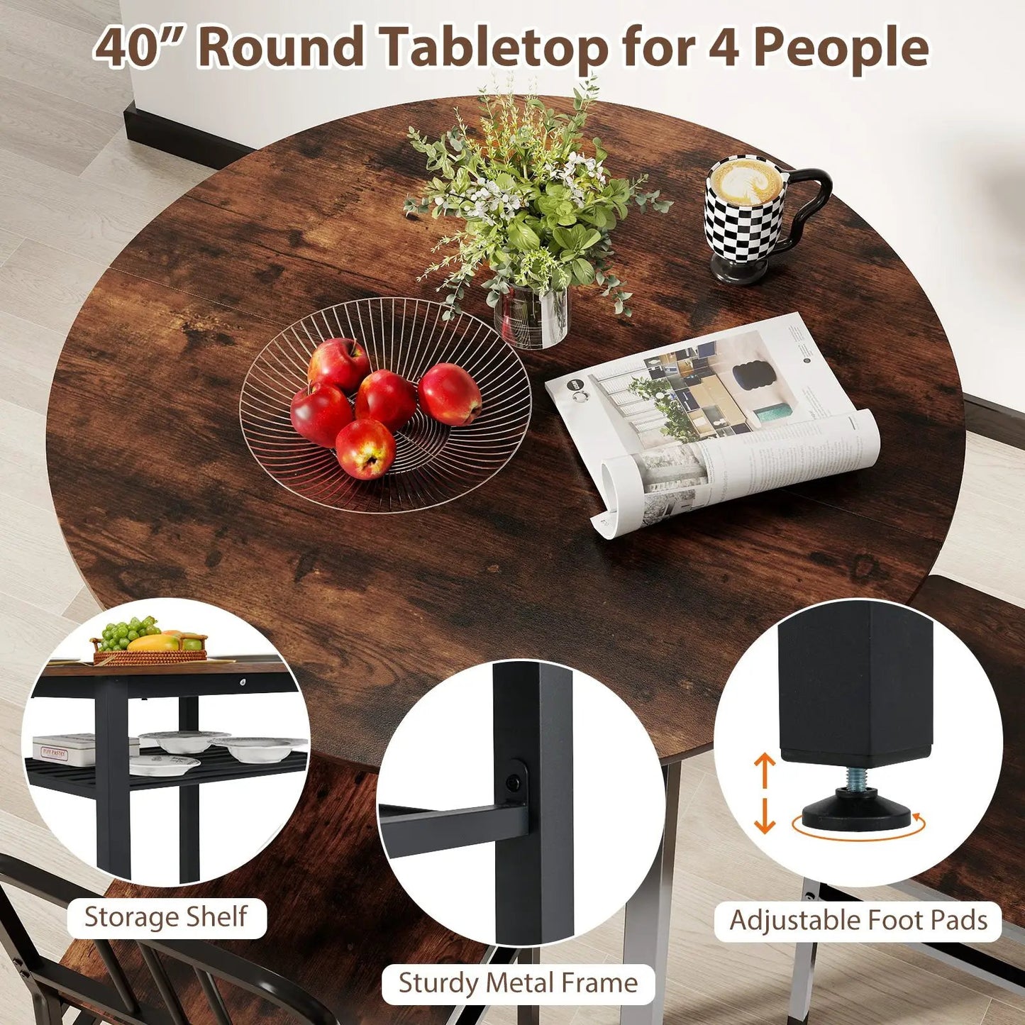 5-Piece round dining table set with storage shelf, dark wood top and black metal frame on Tampa Home & Garden Store