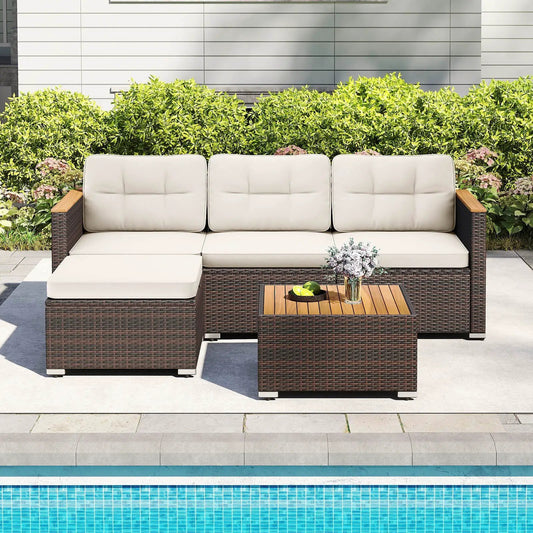 Five Piece Wicker Conversation Set with beige cushions and coffee table for outdoor patio on Tampa Home & Garden Store