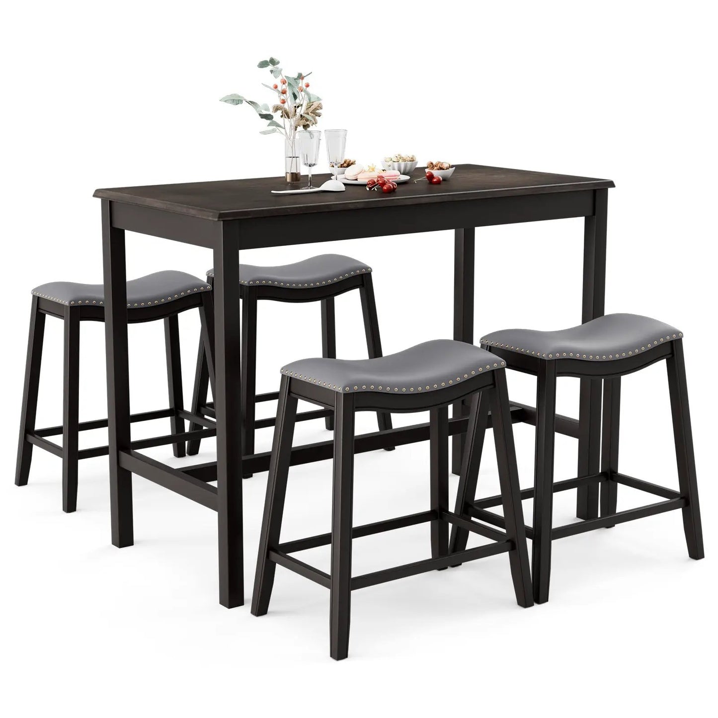5-Piece dining set with four gray upholstered stools, nailhead trim, dark espresso finish on Tampa Home & Garden Store