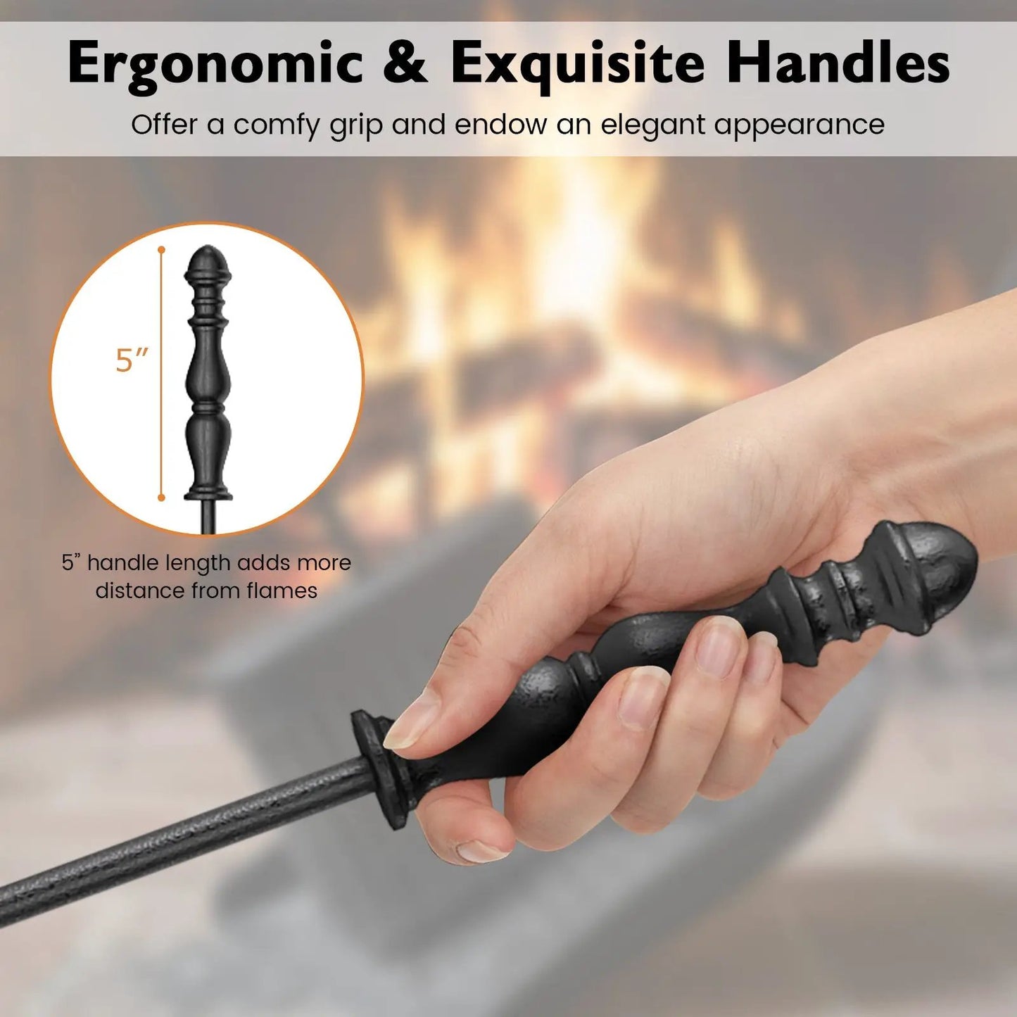 Fireplace tool set 5-piece with poker tongs brush shovel stand in black metal DirectDeals on Tampa Home & Garden Store