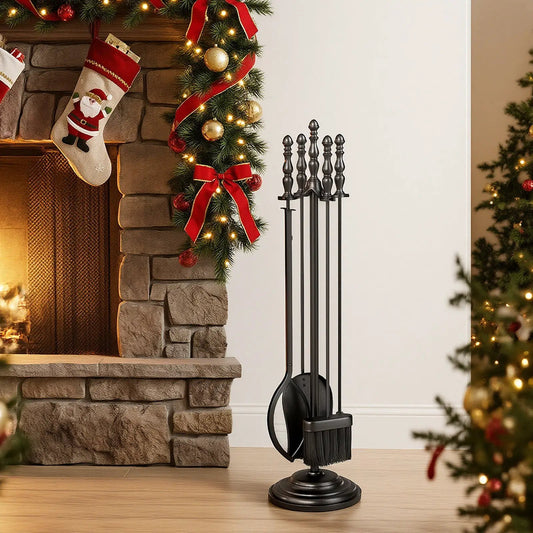 Fireplace tool set 5-piece in black iron with poker tongs brush shovel on round stand on Tampa Home & Garden Store