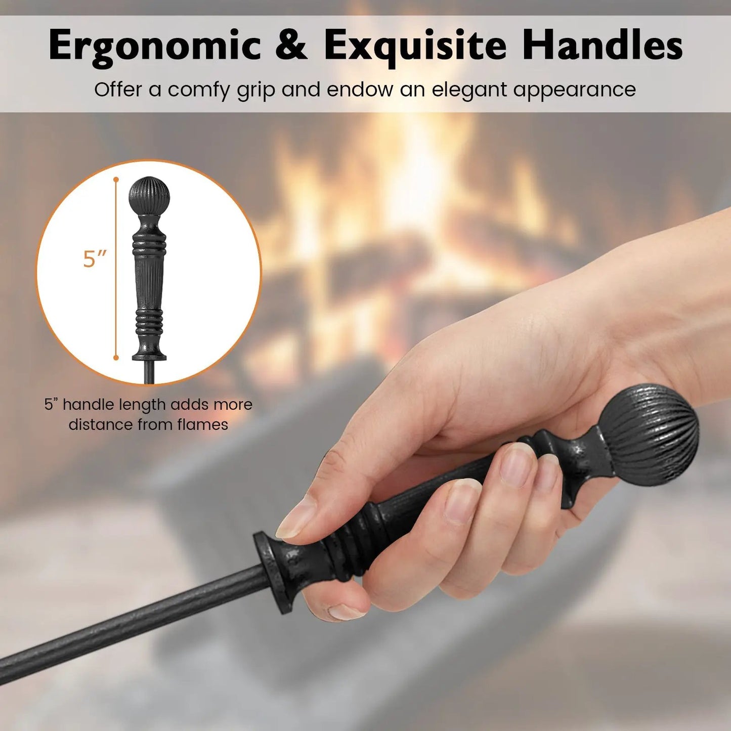 Fireplace tool set with aluminum handles; ergonomic grip, 5-piece kit including poker in hand on Tampa Home & Garden Store