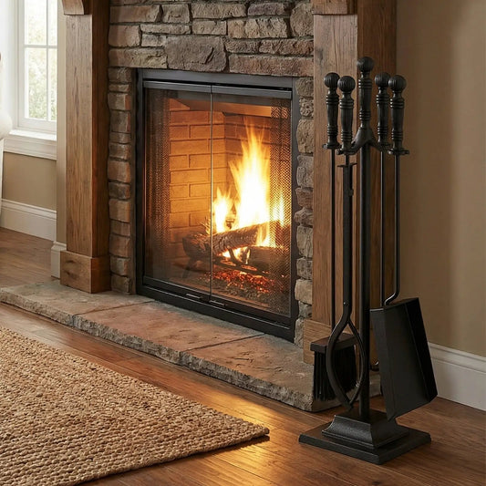 Fireplace Tool Set with aluminum handles, 5-piece black metal stand beside the fireplace on Tampa Home & Garden Store