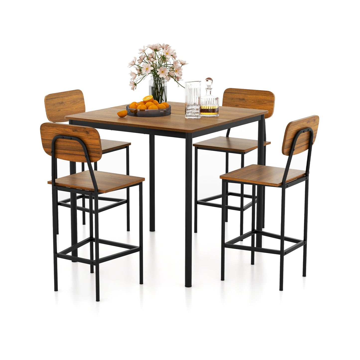 5-Piece Industrial Dining Table Set with Counter Height Table and 4 Bar Stools-Teak