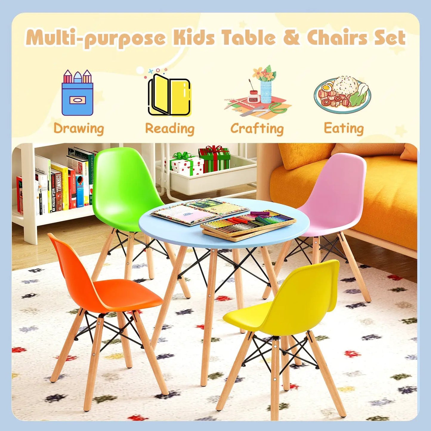 Kids round table and chairs set, 5-piece with blue table and four colorful chairs on Tampa Home & Garden Store
