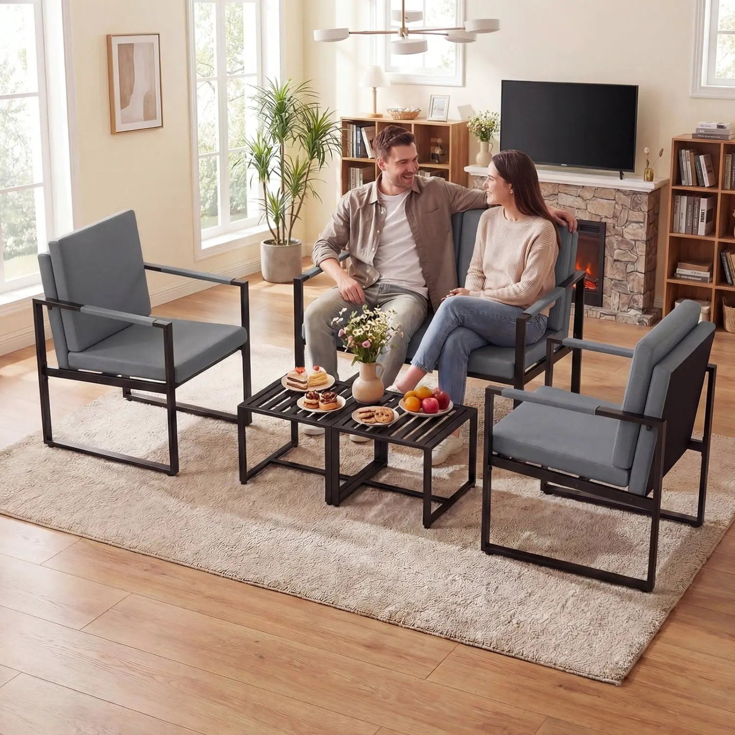 5 Piece Living Room Set with blue upholstered chairs and two black metal coffee tables on Tampa Home & Garden Store
