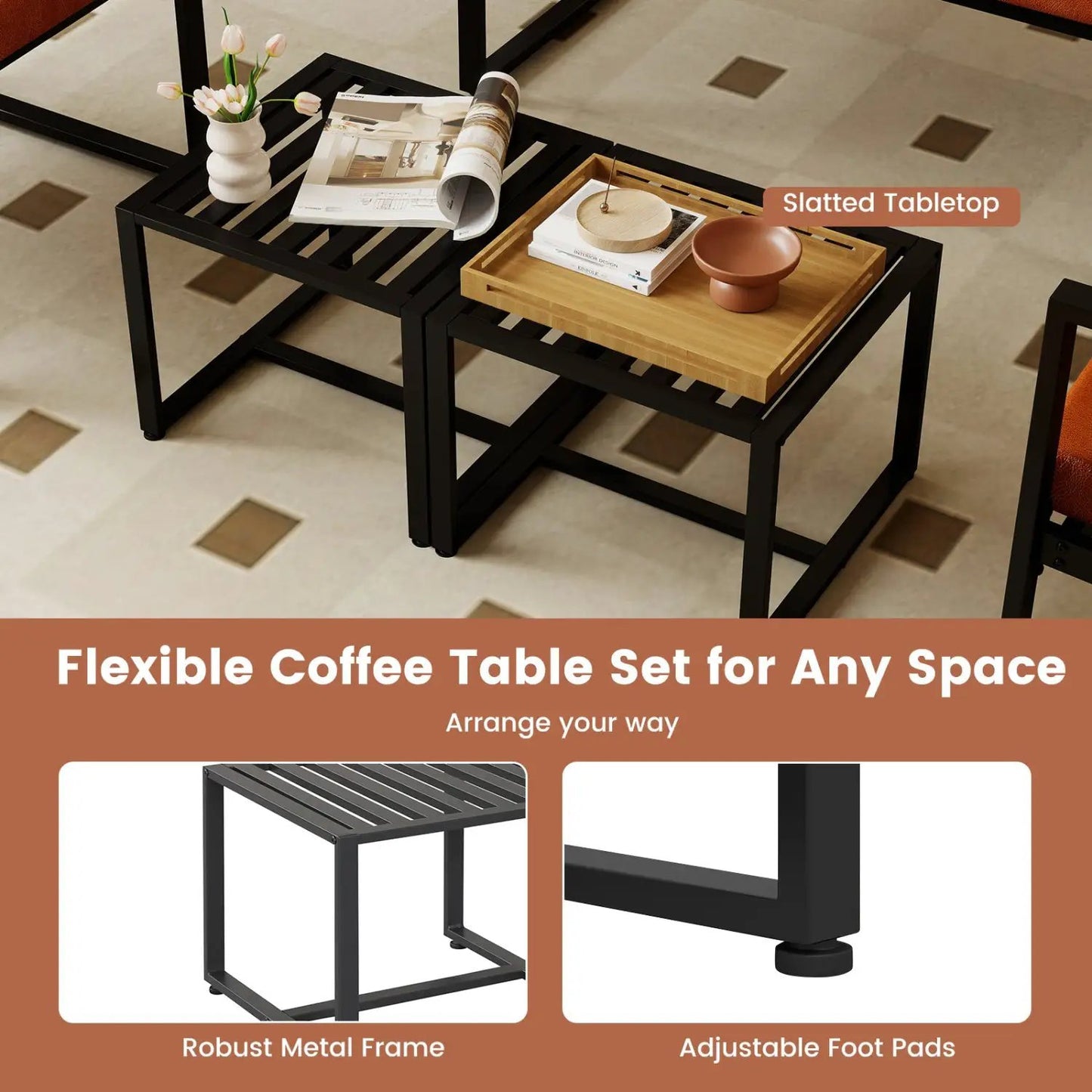 Set of 2 black metal end tables with slatted tops and a light wood tray atop one on Tampa Home & Garden Store