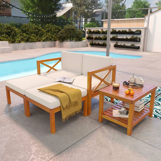5 Pieces Acacia Wood Patio Lounge Chair Set with Ottomans and Cushions-White - Tampa Home & Garden Store