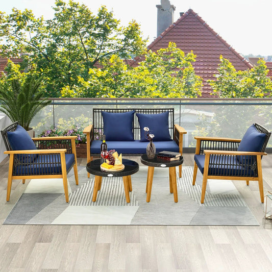 5 Piece Outdoor Conversation Set with 2 Coffee Tables for Backyard Poolside-Navy - Tampa Home & Garden Store