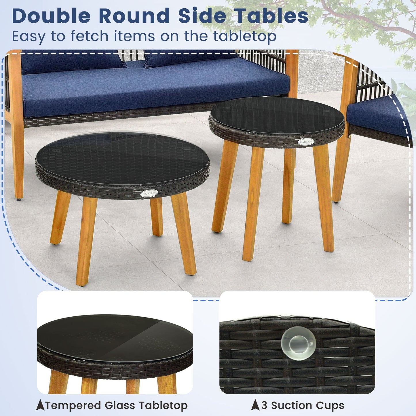Navy 5 Piece Outdoor Conversation Set with two round wicker coffee tables and tempered glass on Tampa Home & Garden Store