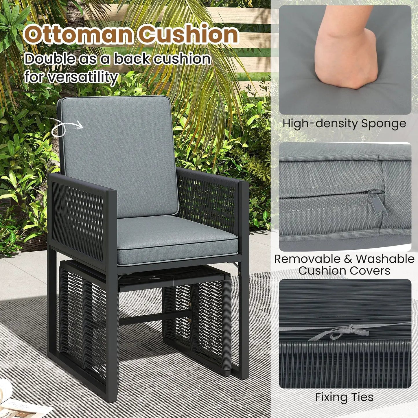 Five Piece Outdoor Conversation Set with Cushions gray cushions, black powder-coated metal frame, removable cushion covers DirectDeals on Tampa Home & Garden Store