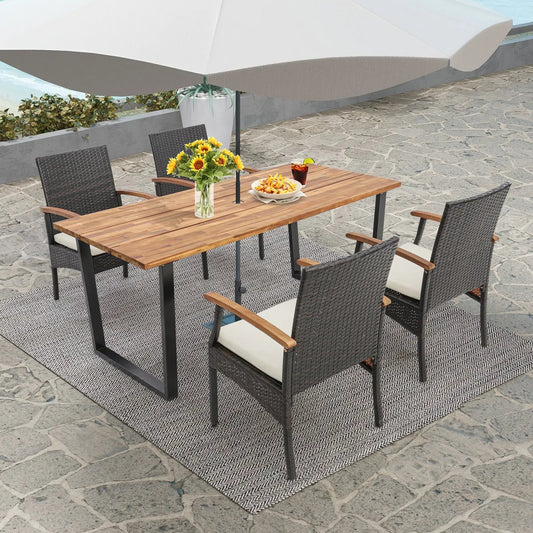 Five-Piece Outdoor Wicker Dining Set with Umbrella Hole, dark brown wicker, DirectDeals on Tampa Home & Garden Store