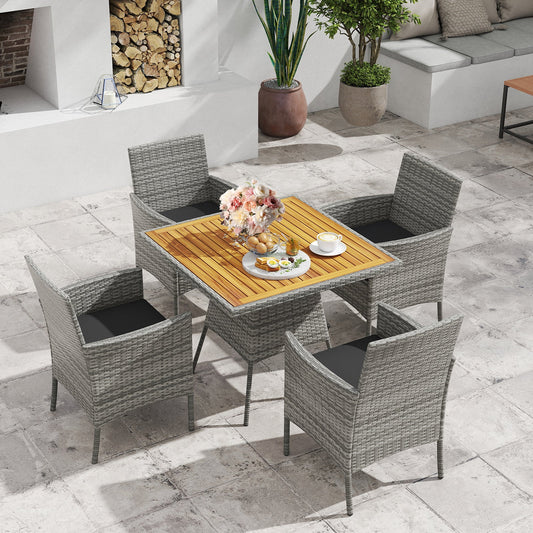 5 Pieces PE Wicker Patio Dining Set Outdoor Acacia Wood Table and Chairs-Black - Tampa Home & Garden Store