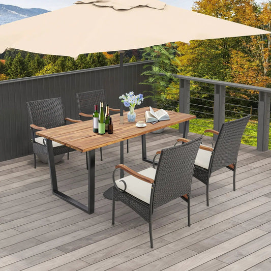 5 Pieces Patio Rattan Dining Set with Umbrella Hole for Poolside Backyard - Tampa Home & Garden Store