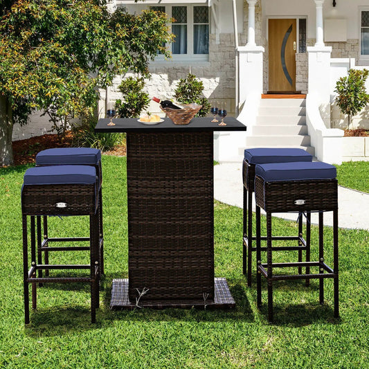 5 Pieces Patio Rattan Bar Table Stool Set Hidden Storage Shelf Cushioned-Navy - Tampa Home & Garden Store