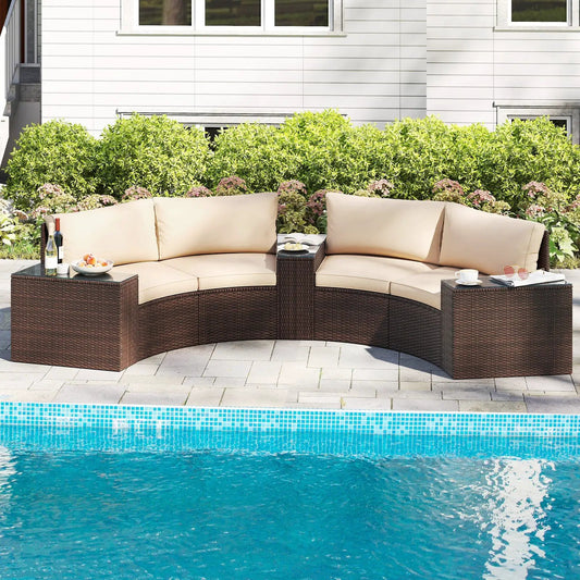 5-Piece brown wicker patio sofa set with beige cushions and glass coffee table on Tampa Home & Garden Store